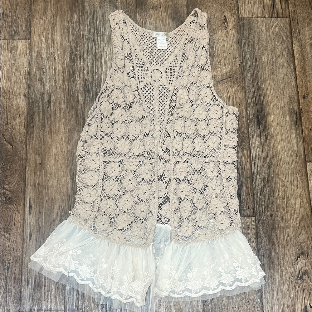 Lace Crochet Vest/cover/cardigan with Ruffled Hem